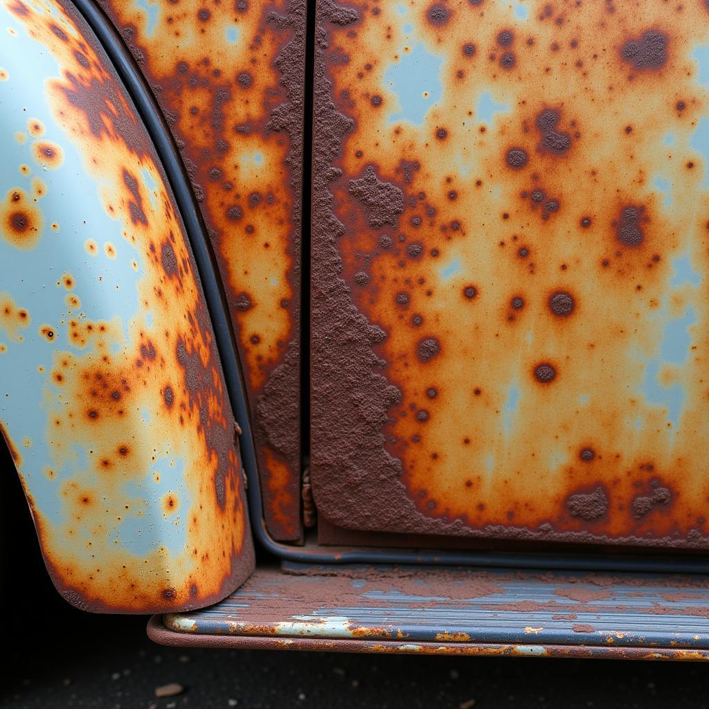 Inspecting the rust damage on the bottom of a car door