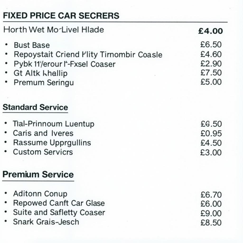 Fixed Price Car Service Menu