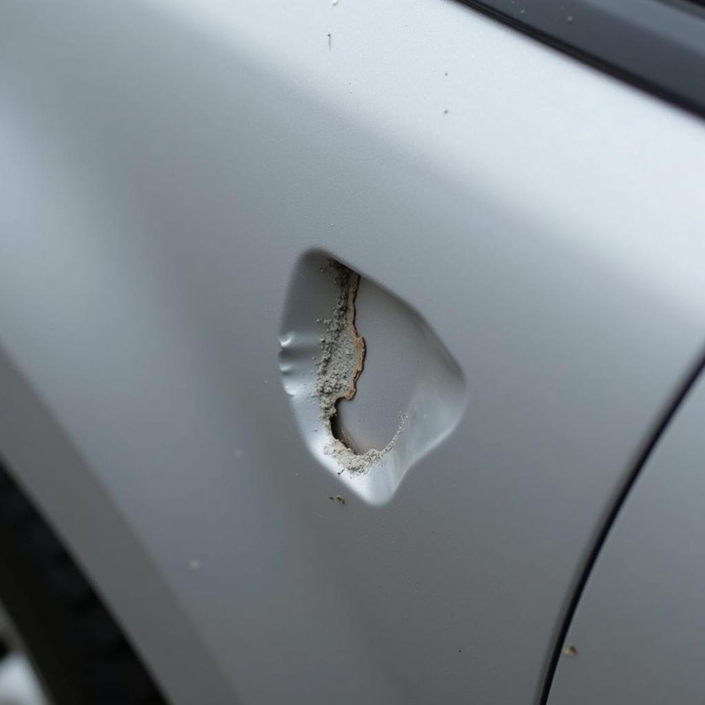 Fixing a car dent that sticks out: A close-up view of a dent sticking out on a car door, showing the distorted metal and paint.