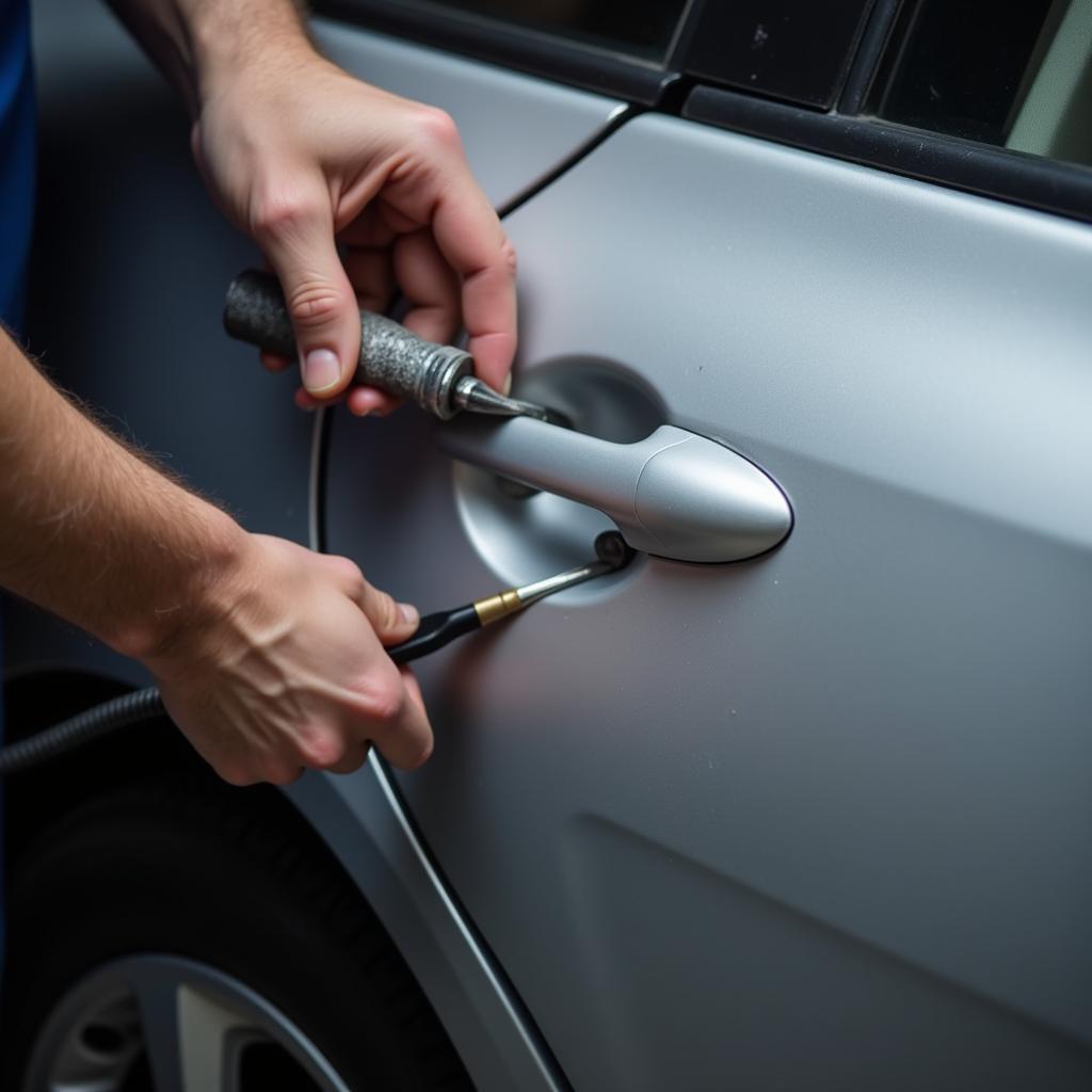 Paintless Dent Repair process on a car door