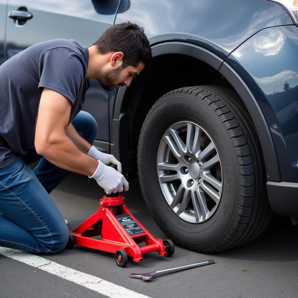 Changing a flat tire on a rental car at SJC airport.