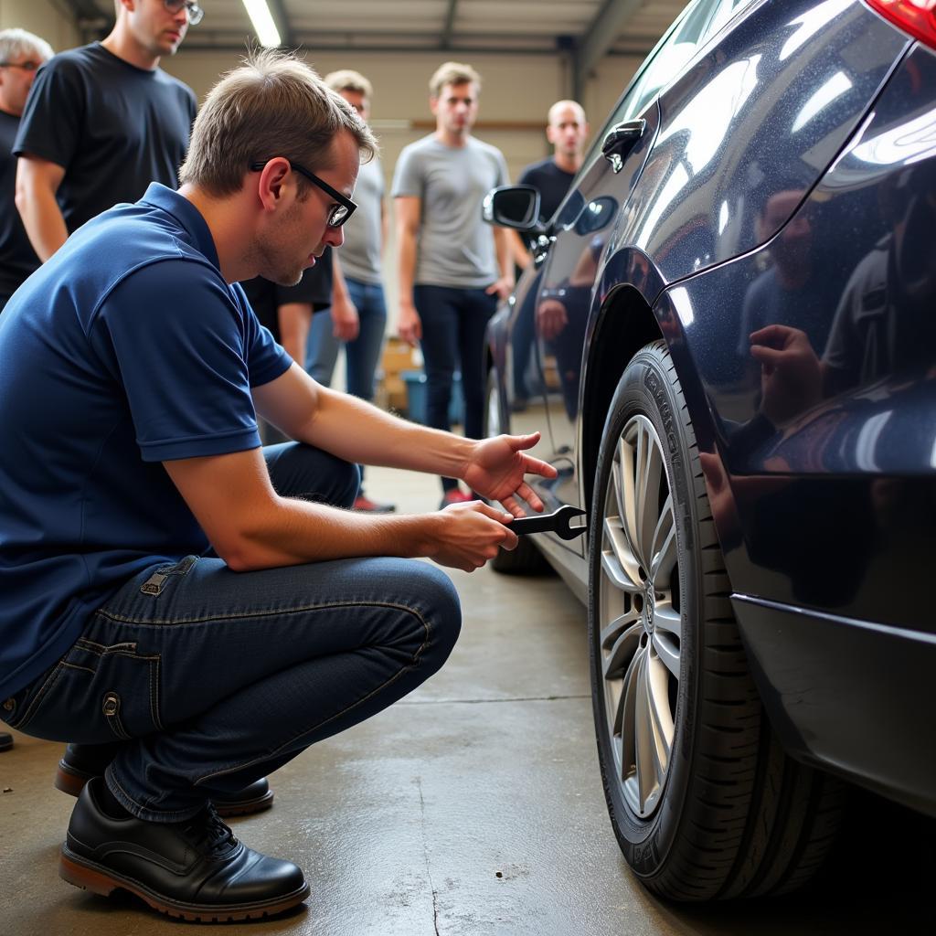 Participants learning how to rotate tires during a free car maintenance class.