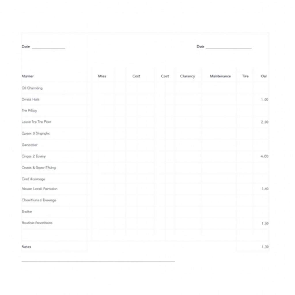 Example of a General Car Maintenance Sheet