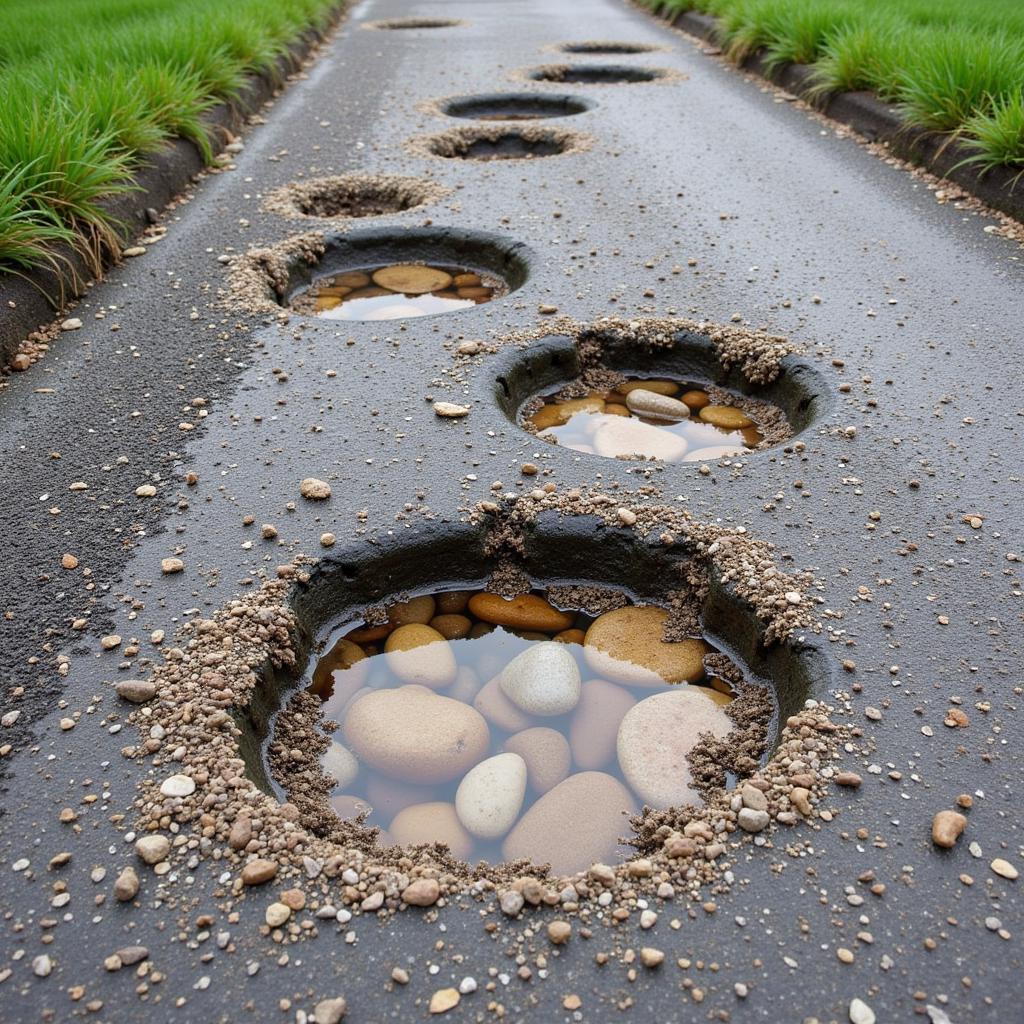 Gravel driveway with potholes forming due to erosion and heavy traffic