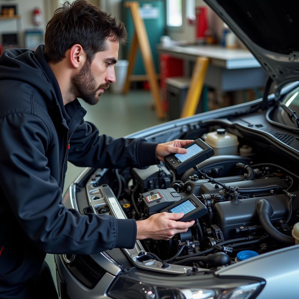 Image of a mechanic using diagnostic tools on a car engine with complex wiring.