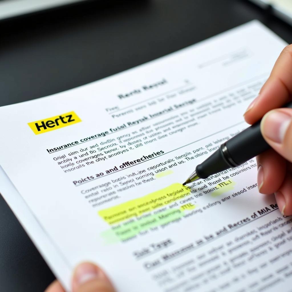 Hertz Rental Agreement and Billing: A person reviewing their Hertz rental agreement, highlighting key details with a marker.