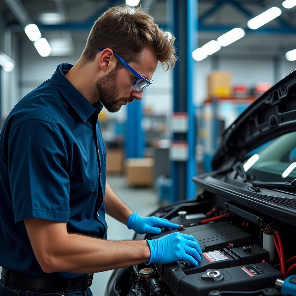 Technician Receiving Training on Hybrid Car Battery Maintenance