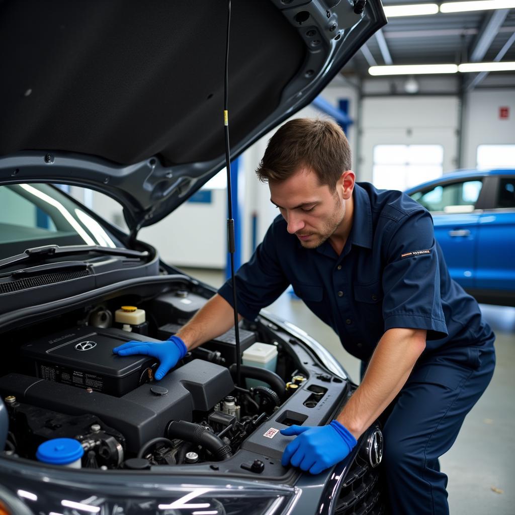 Mechanic inspecting a new Hyundai during a scheduled maintenance checkup.