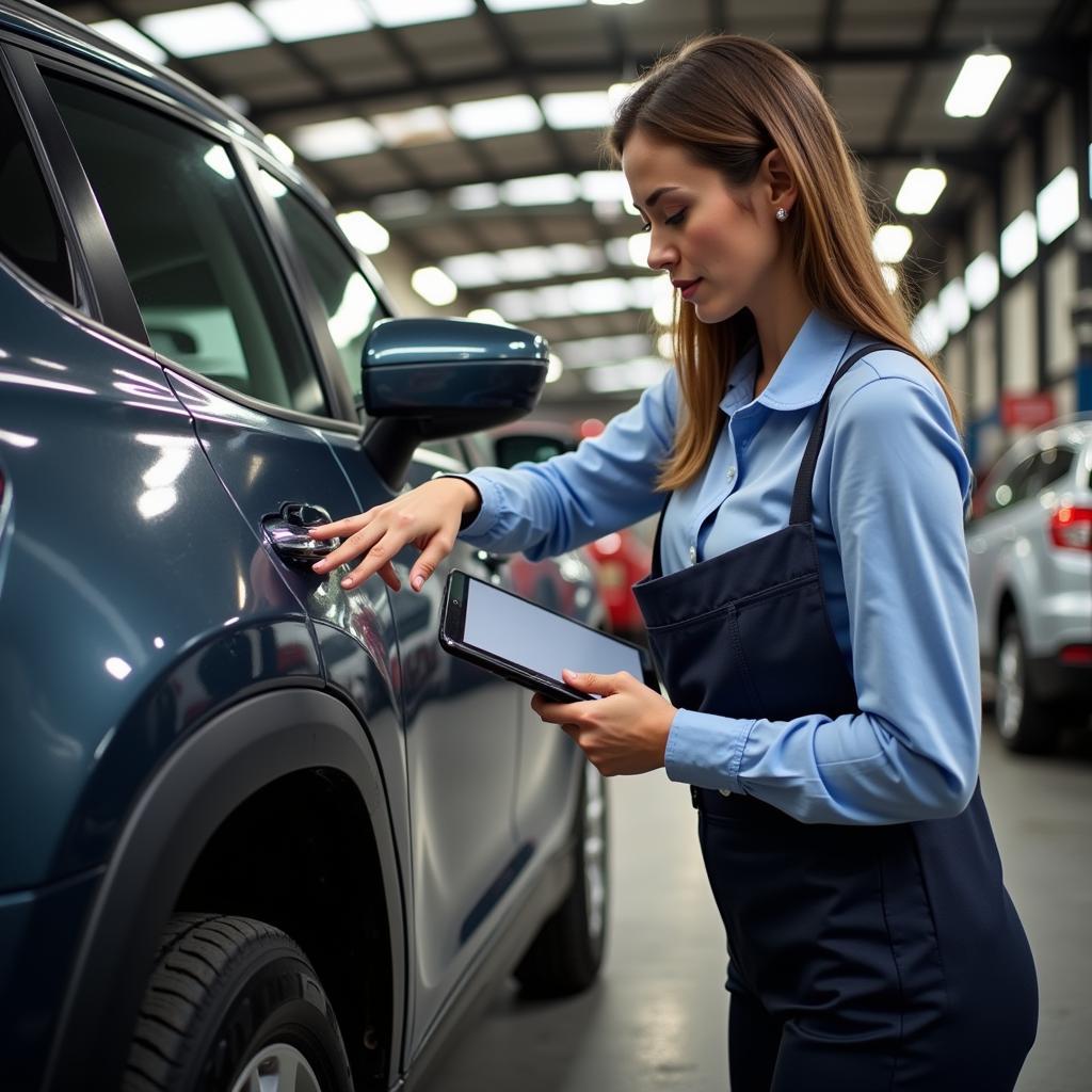 Insurance Adjuster Inspecting Damaged Car