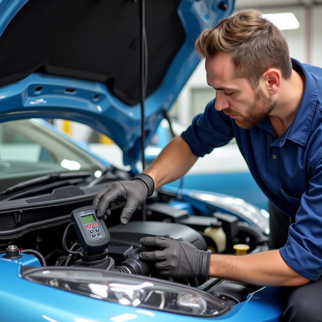 Light Blue Car Engine Inspection