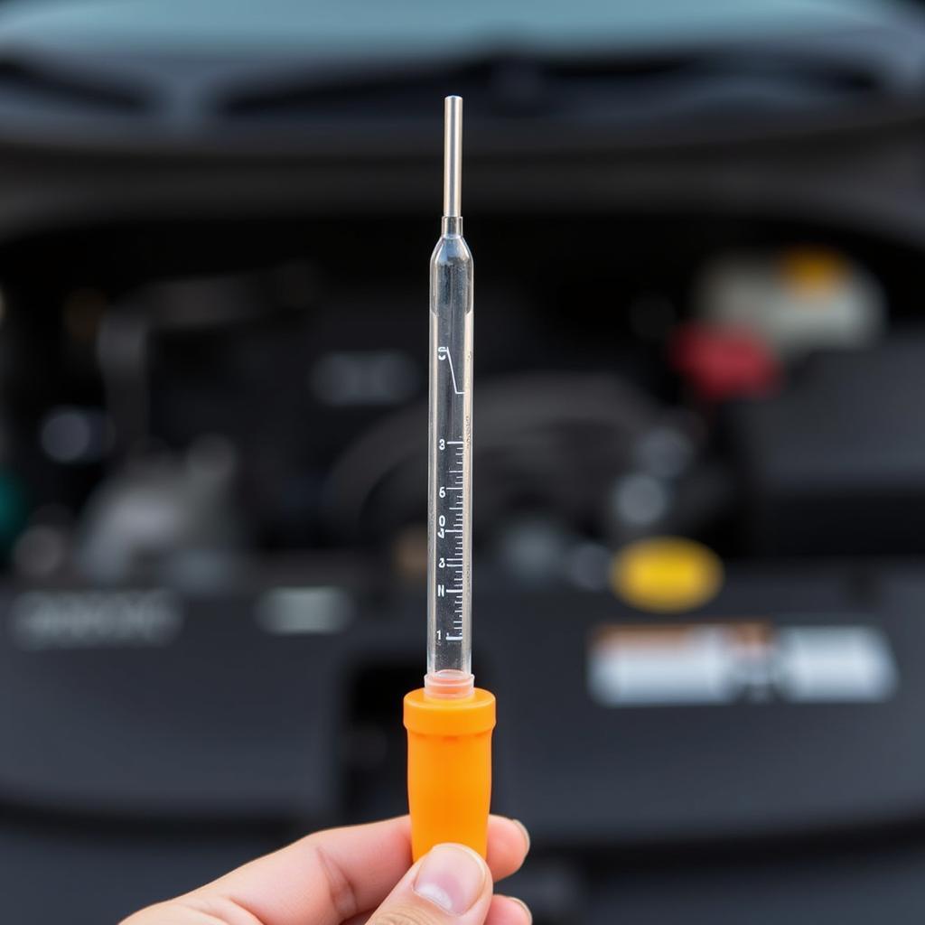 Car dipstick showing low engine oil level