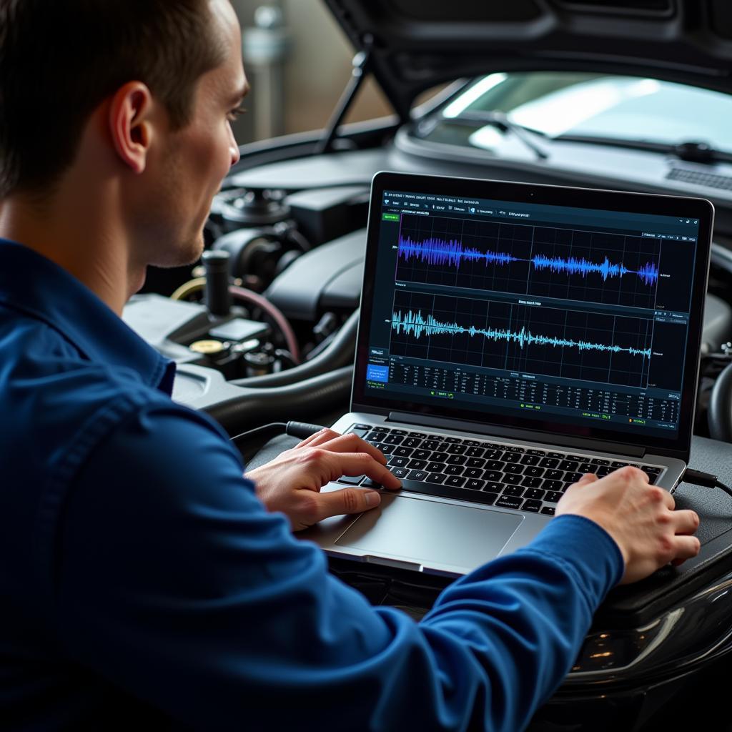 Mechanic Analyzing Diagnostic Data on a Laptop