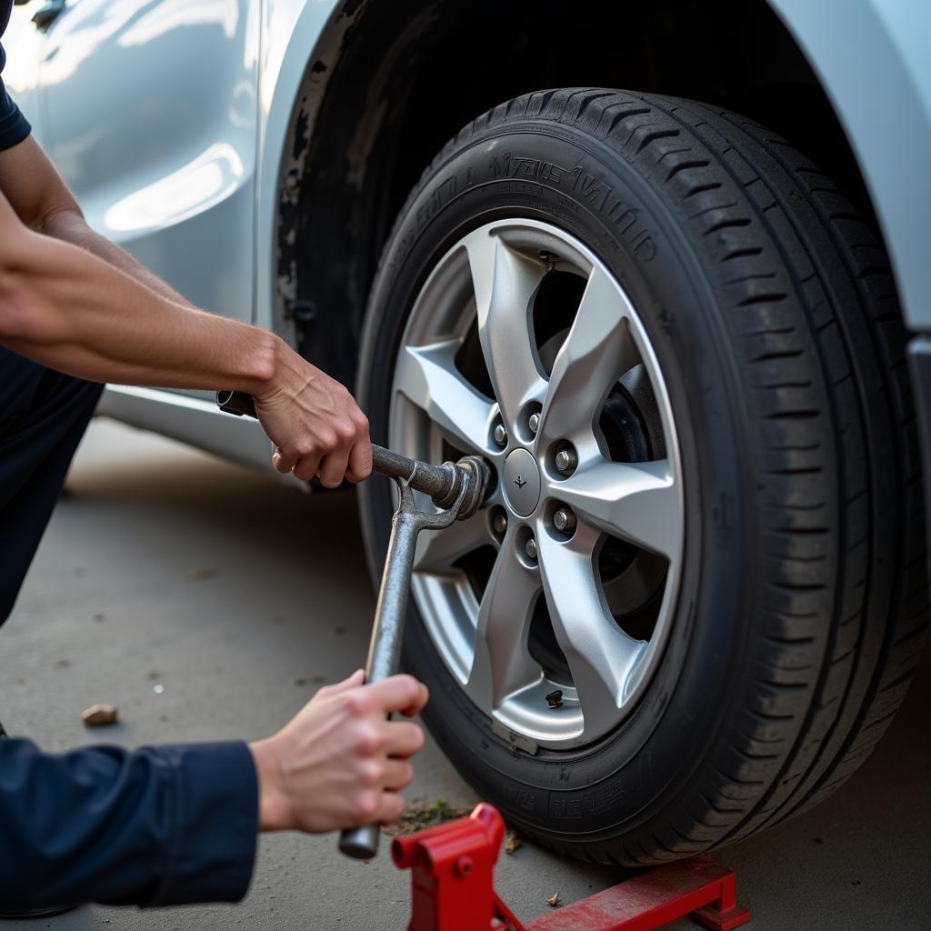 Mechanic changing a flat tire