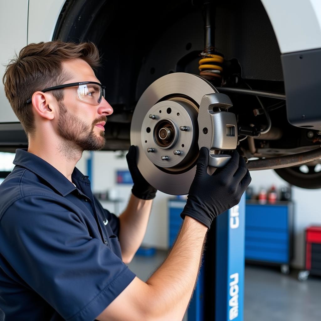 Mechanic Inspecting Brake System with Wheels Removed