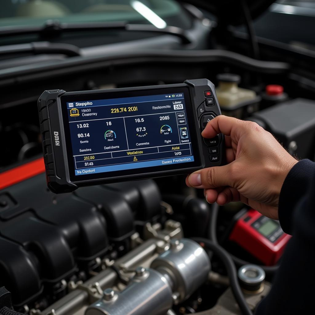 Mechanic checking car engine sensors with a diagnostic tool