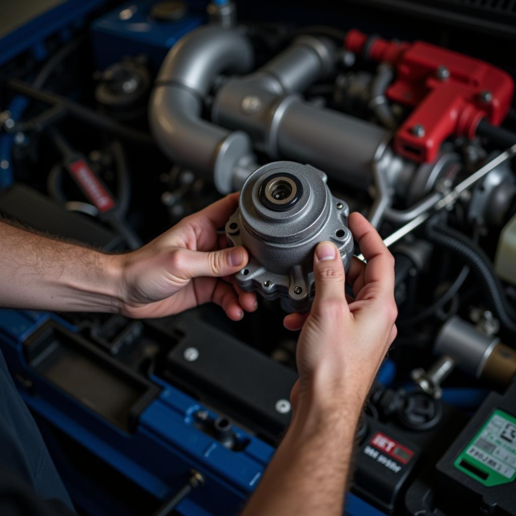 Mechanic checking a car's water pump