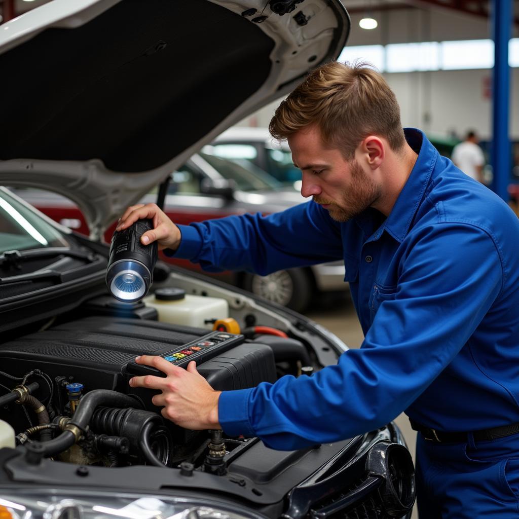 Mechanic Checking Engine Bay of Stored Car