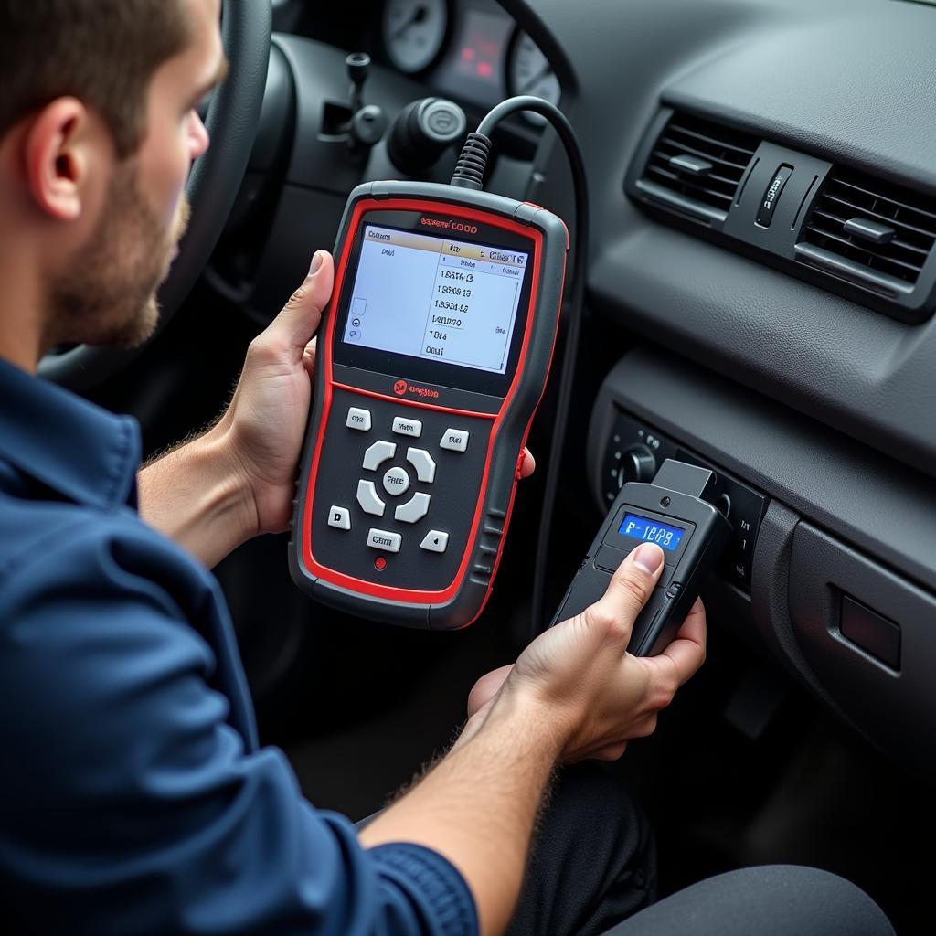 Mechanic Diagnosing Car Computer with Diagnostic Tool