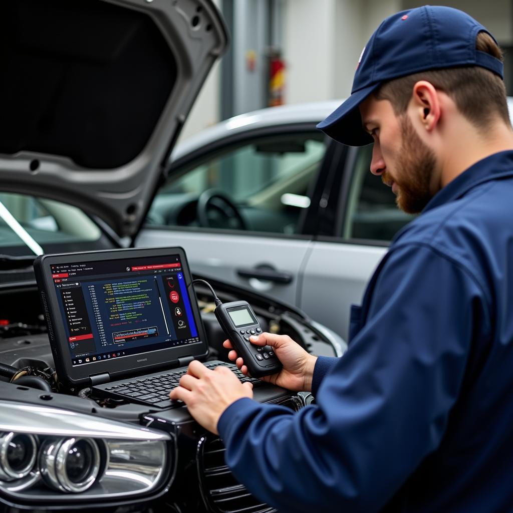 Mechanic Diagnosing Car Engine Problem