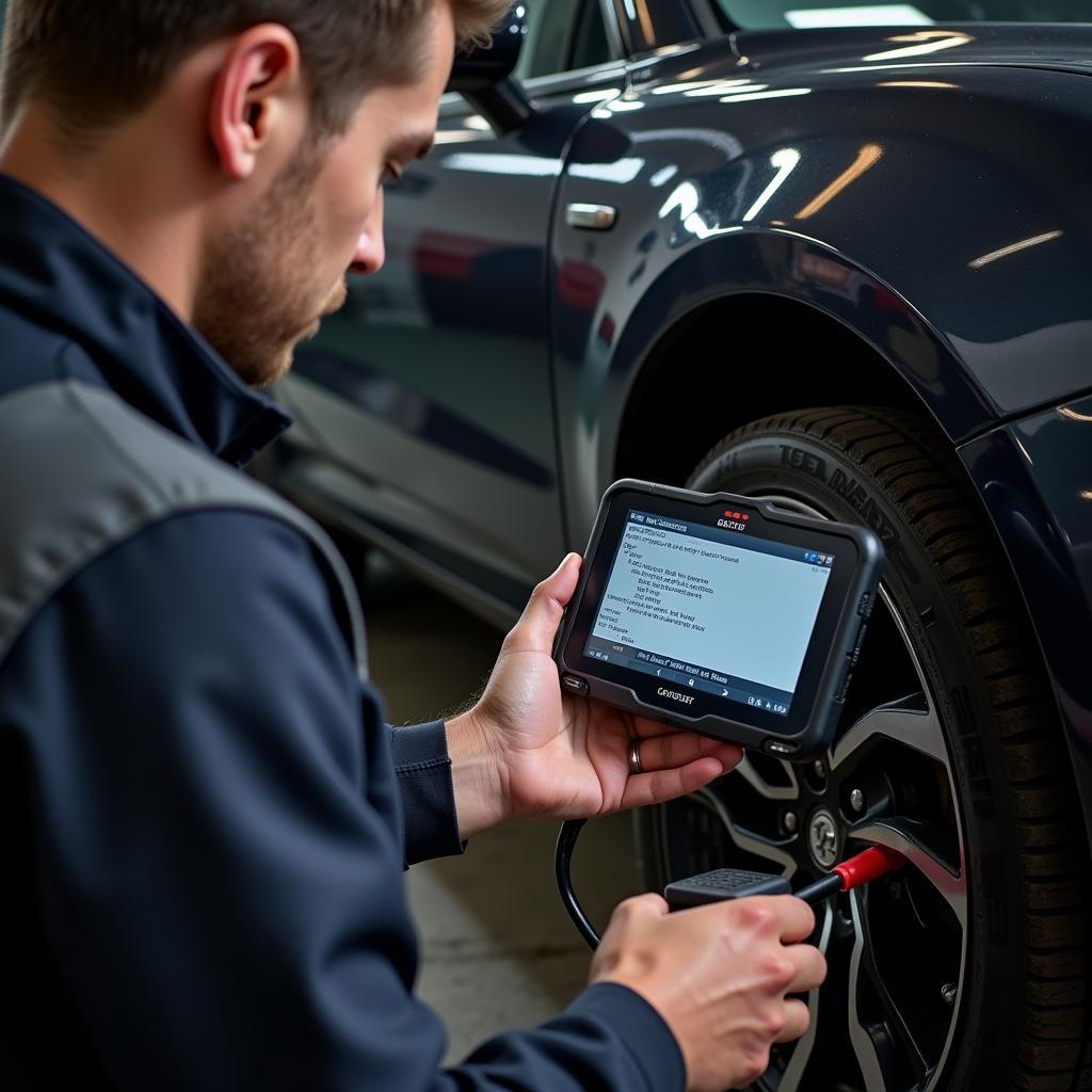 Mechanic Diagnosing Car Problem with Computer