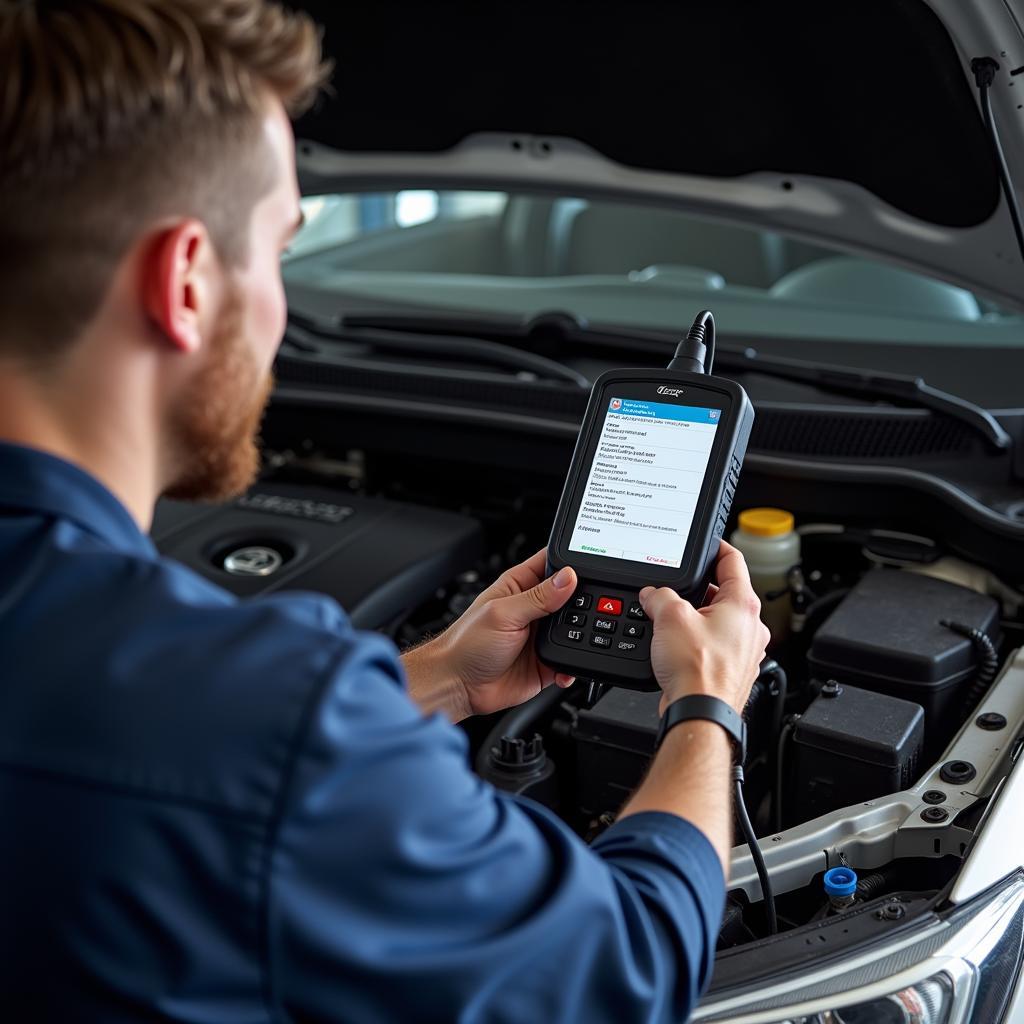 Mechanic Diagnosing Car Problem with Scanner