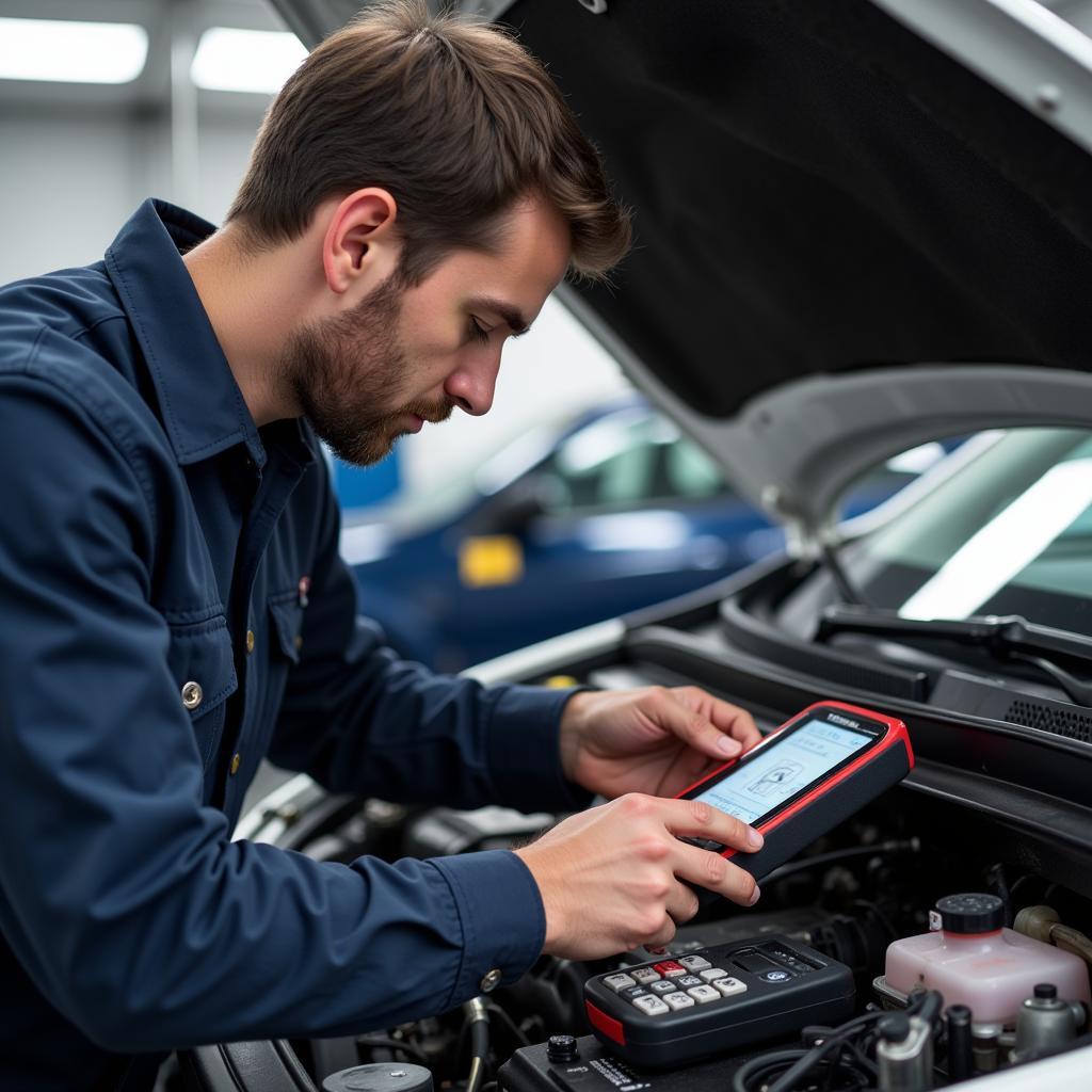 Mechanic Diagnosing Car Starting Problem