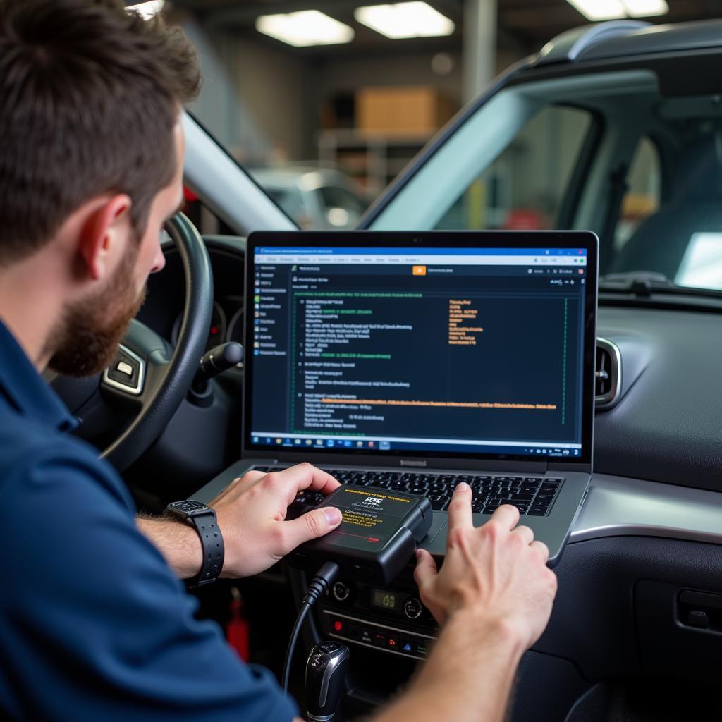 Mechanic Diagnosing Car with Scanner