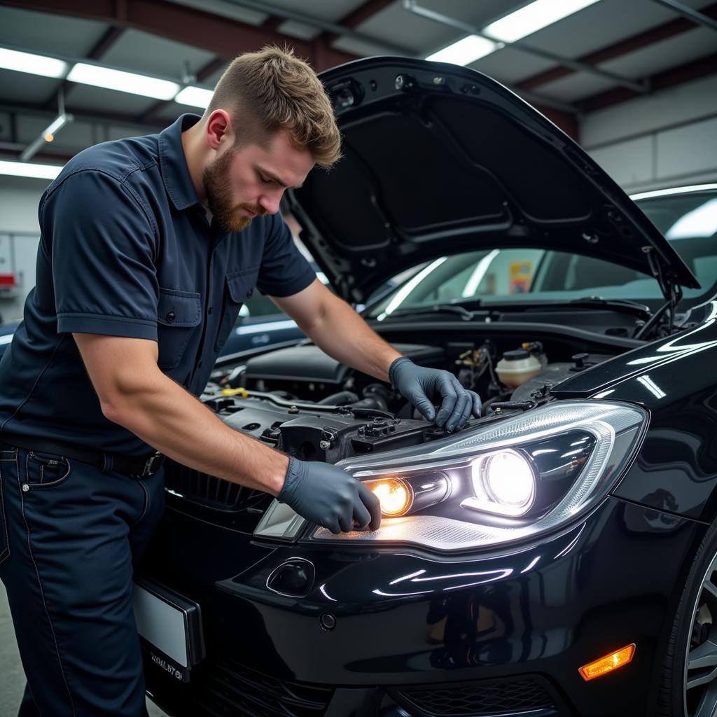 Mechanic Fixing a Car Headlight