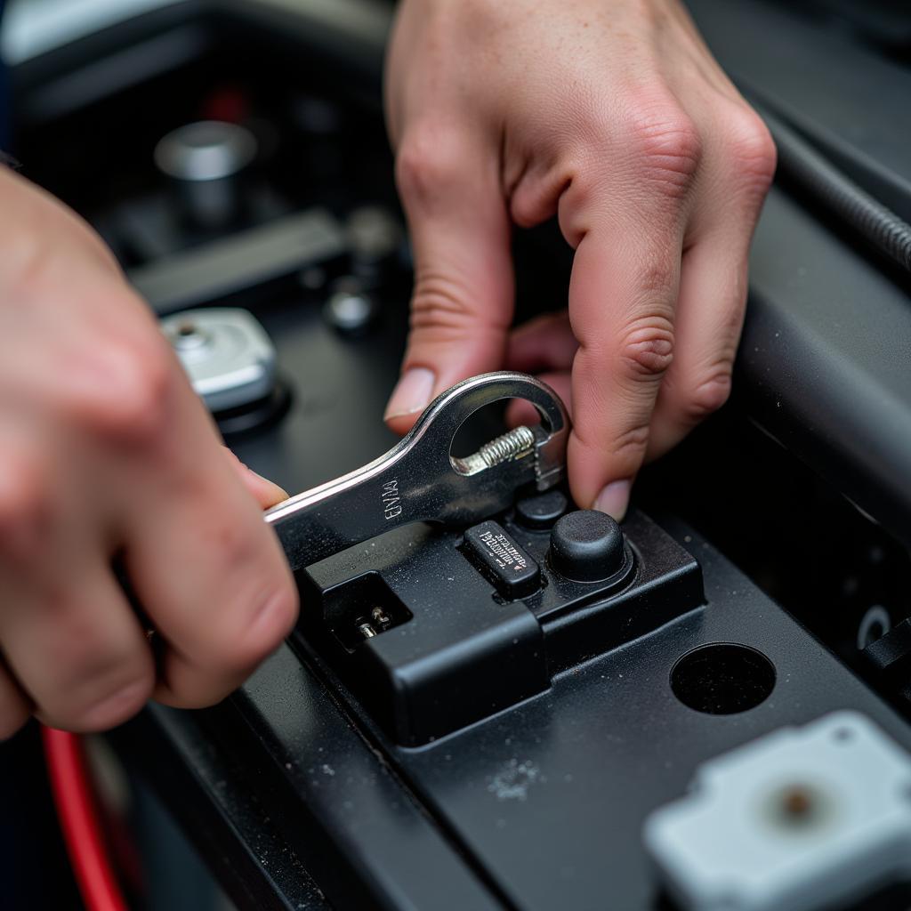 Mechanic Inspecting Car Battery Terminals