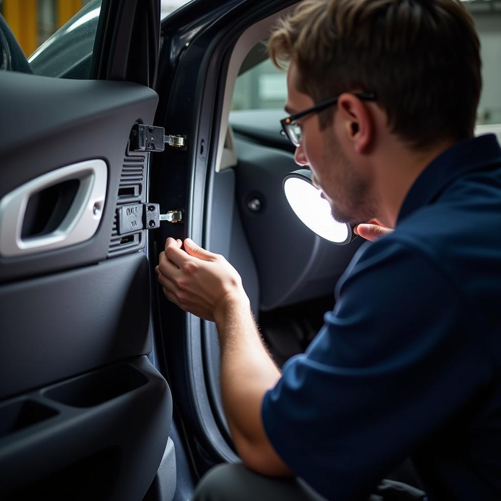 A mechanic inspecting a car door for damage