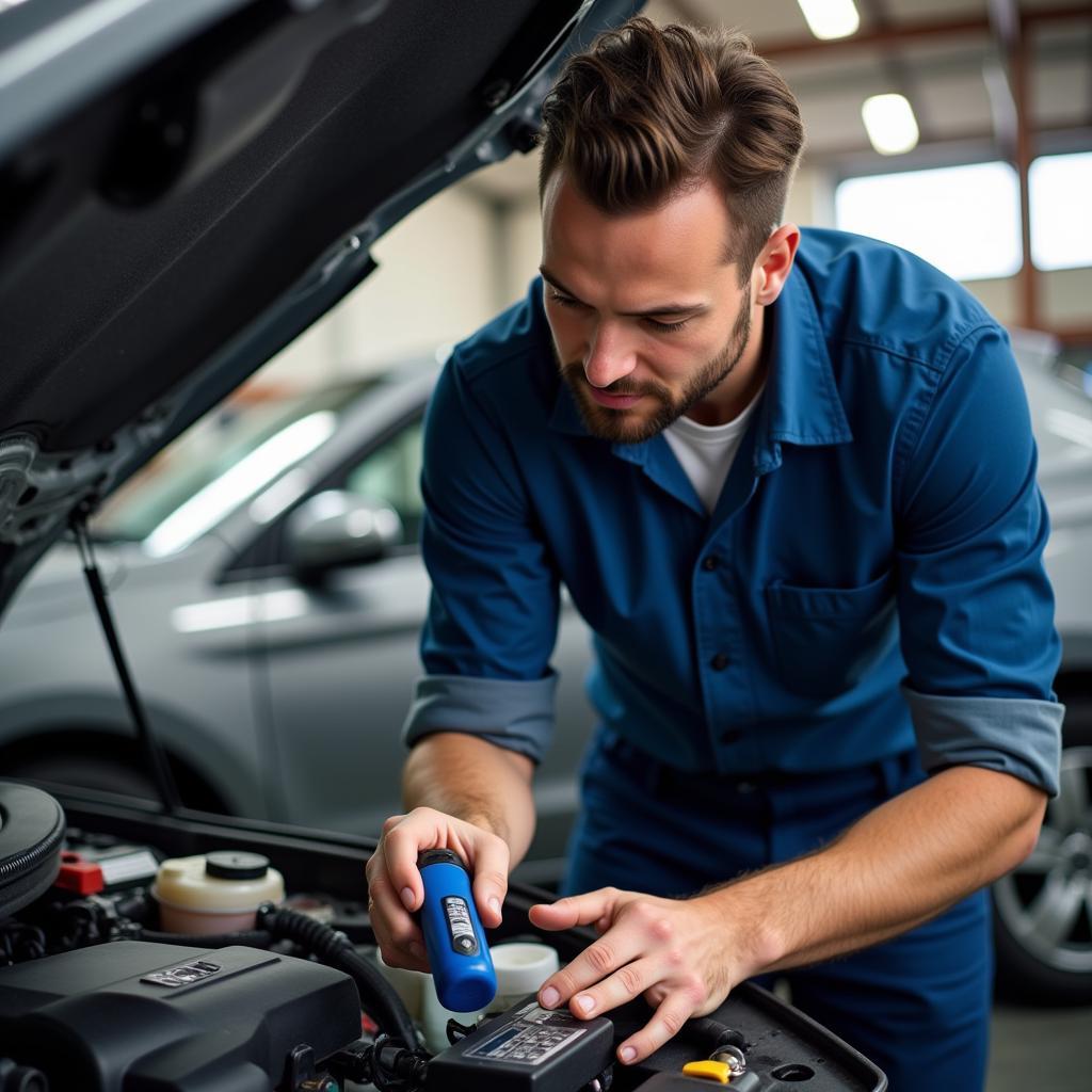 Mechanic inspecting a car engine for problems.