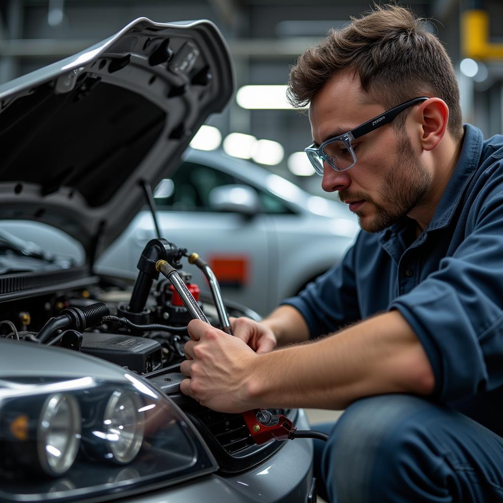 Mechanic Inspecting Car Headlights