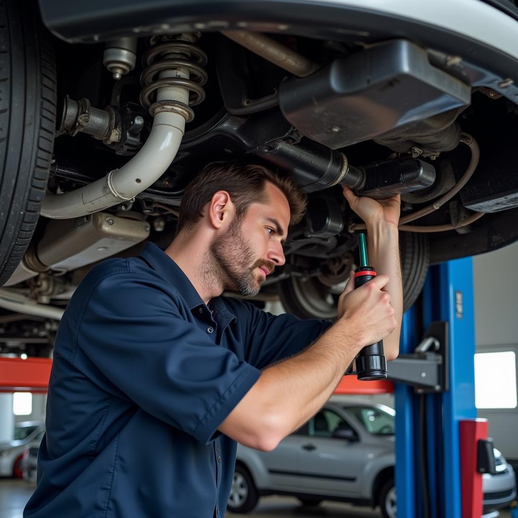 Mechanic Inspecting Car Suspension System