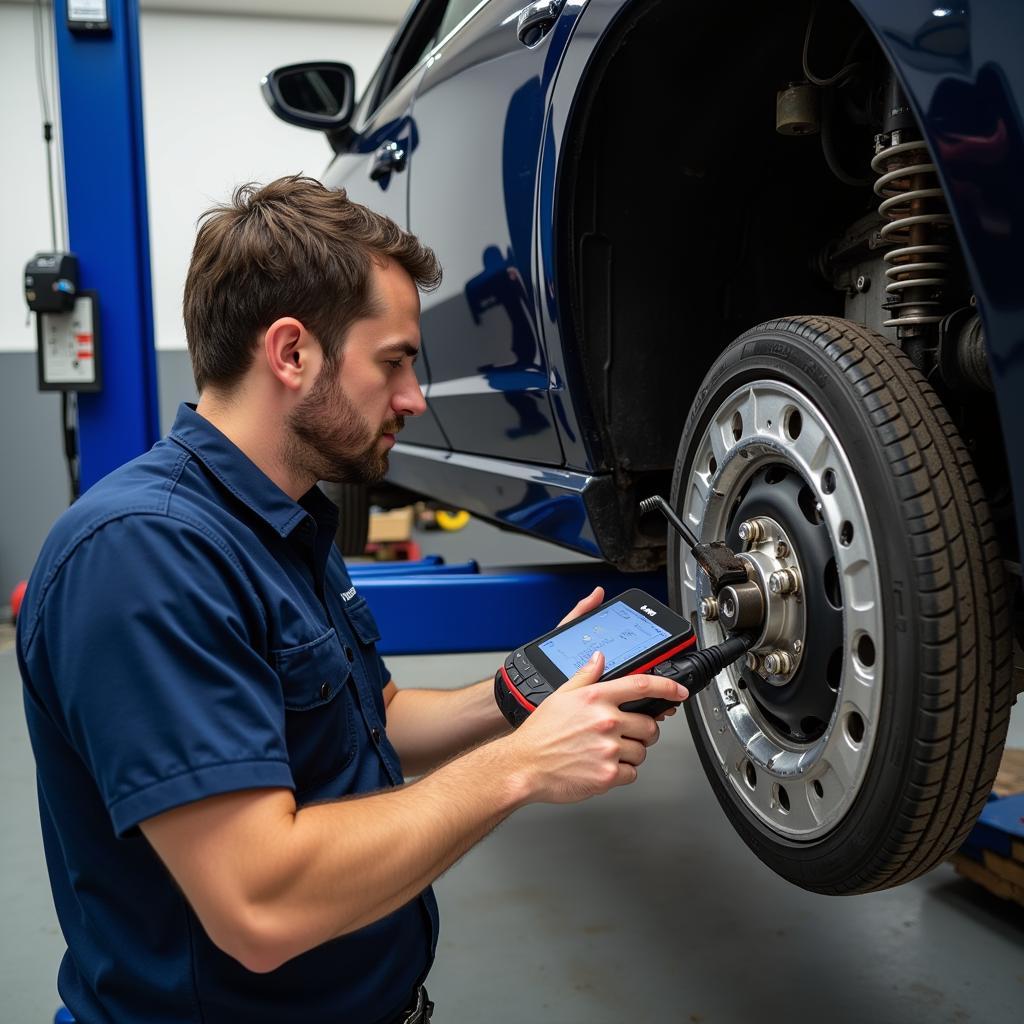 Mechanic Inspecting Car Transmission