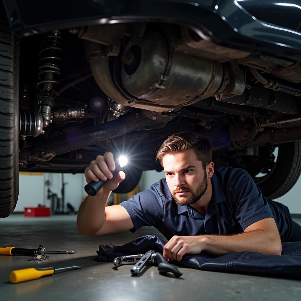 Mechanic Inspecting Car Undercarriage for Damage