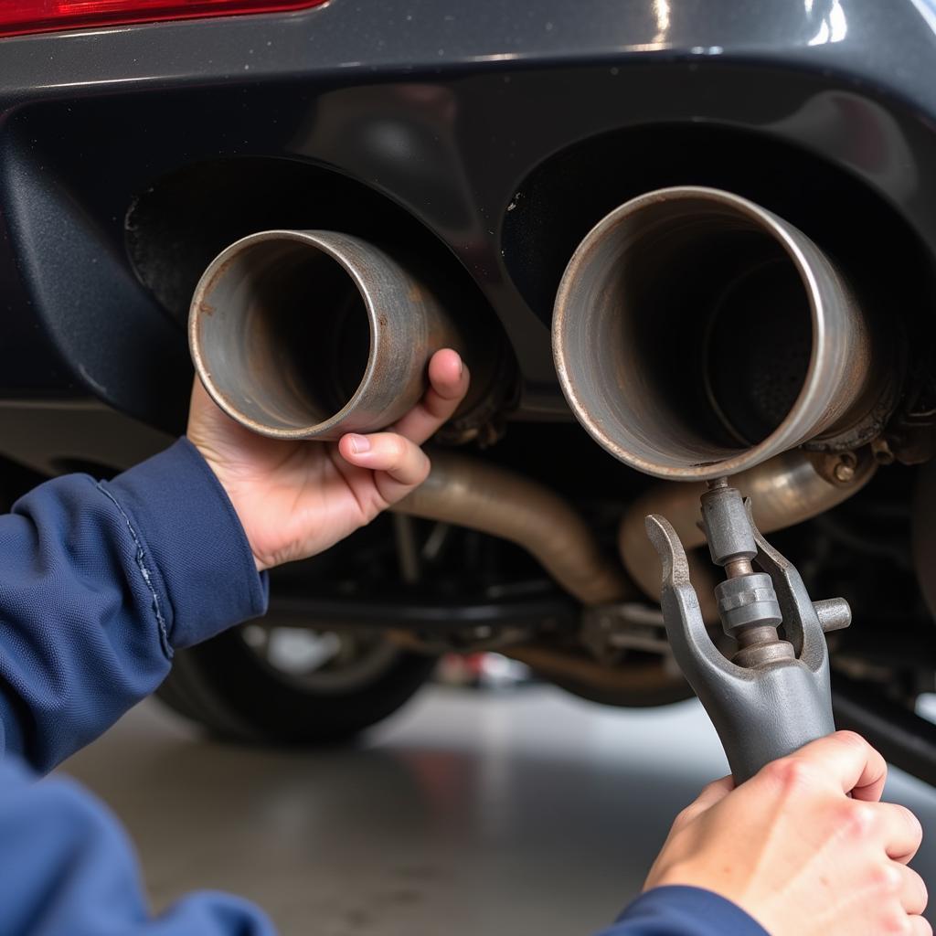 Mechanic inspecting a car's exhaust system for leaks.