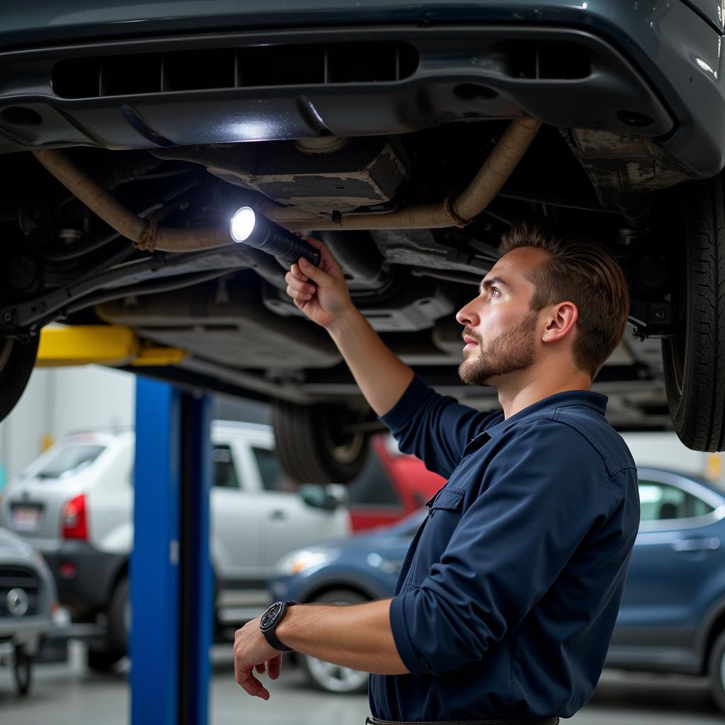 Mechanic Inspecting Used Car Undercarriage