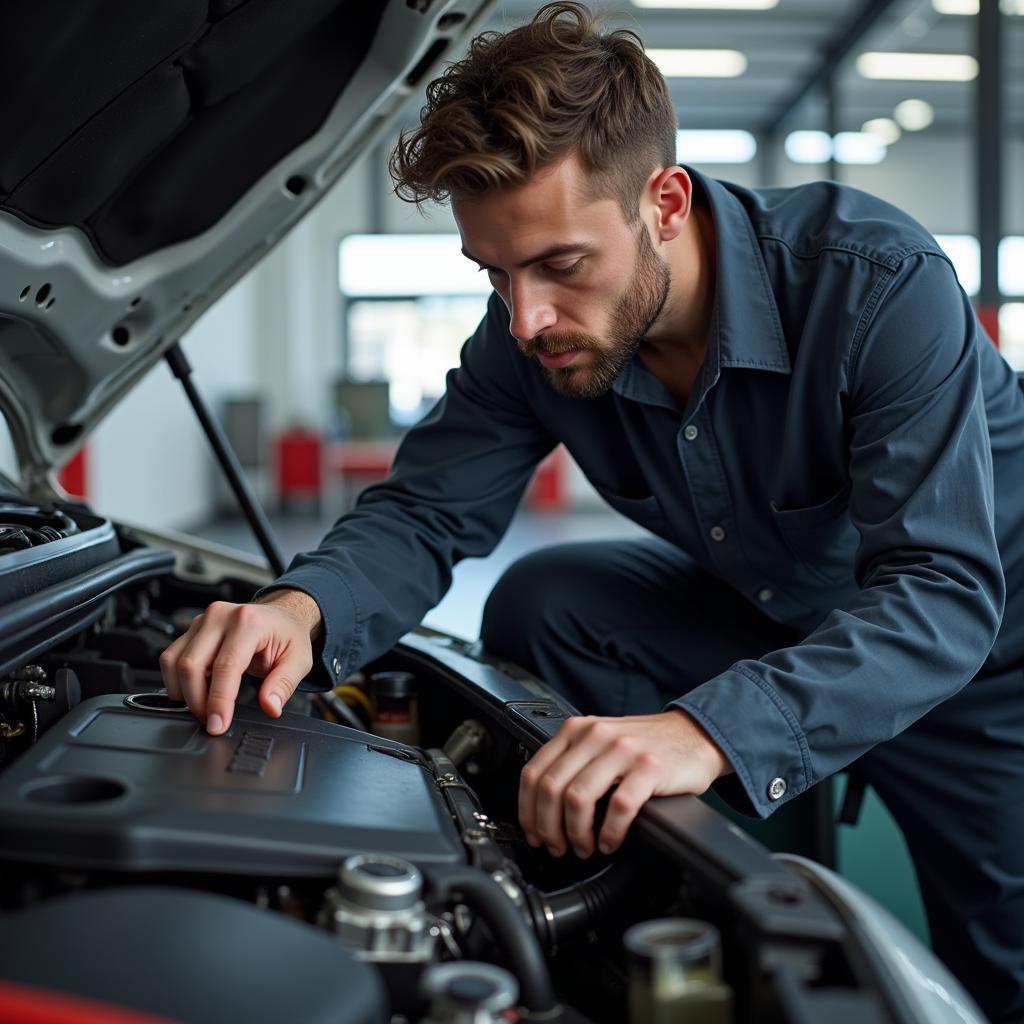 Mechanic performing car maintenance: A mechanic checks the oil level in a car.