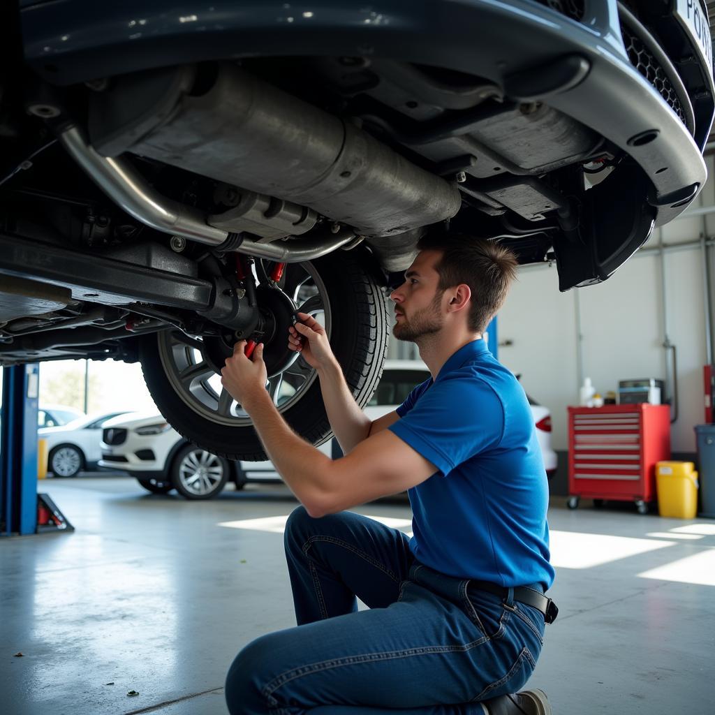 A mechanic performing routine maintenance on a car.