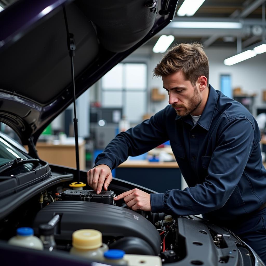 Mechanic performing routine car maintenance in a garage