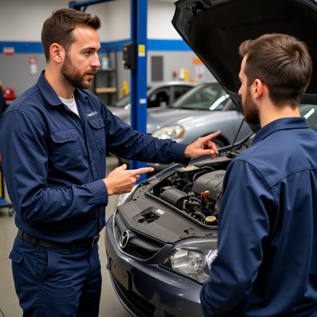 Mechanic pointing at a car part and explaining the issue to a customer