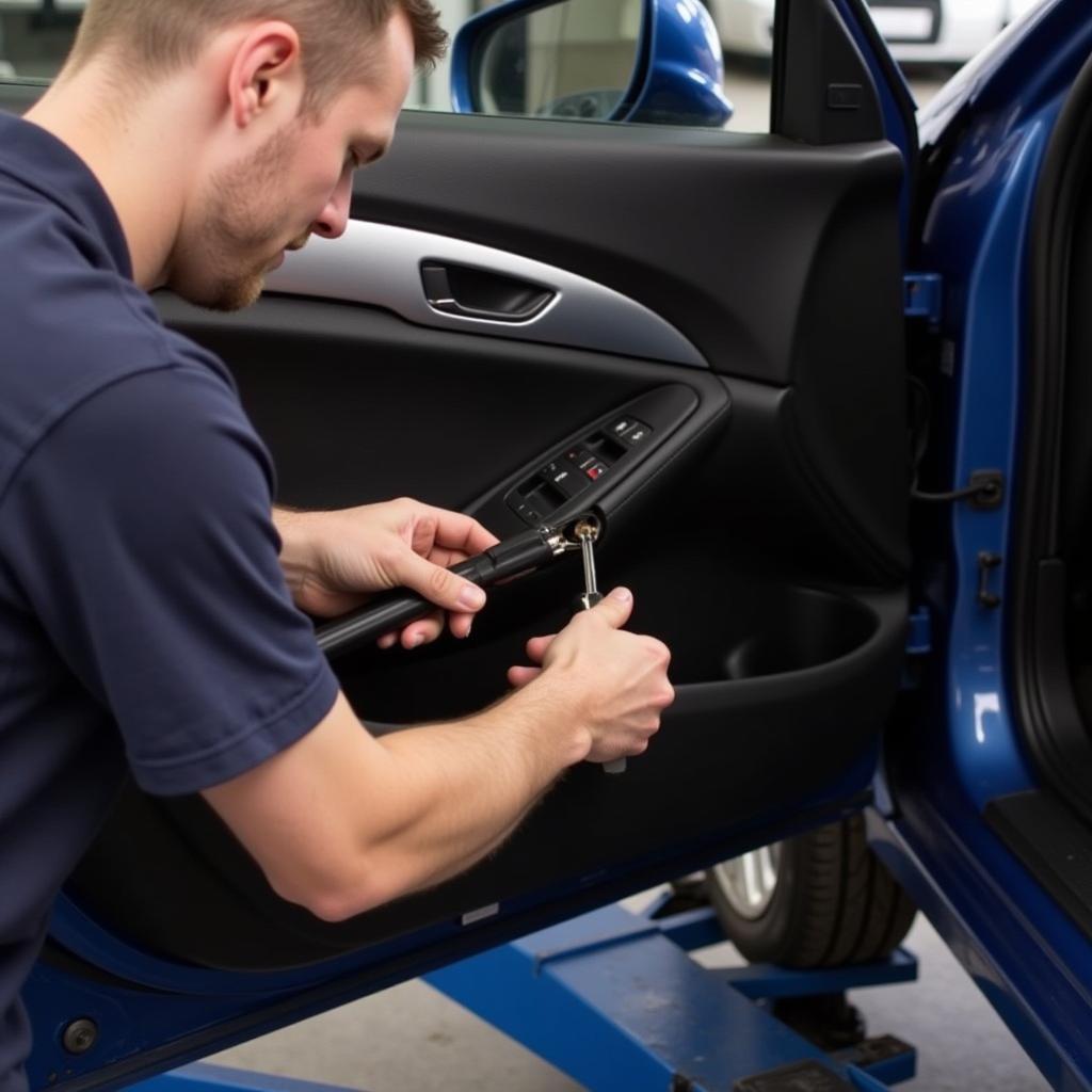 Mechanic repairing a car door lock mechanism