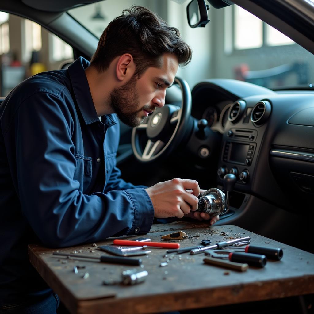 Mechanic repairing a car ignition lock in a workshop.