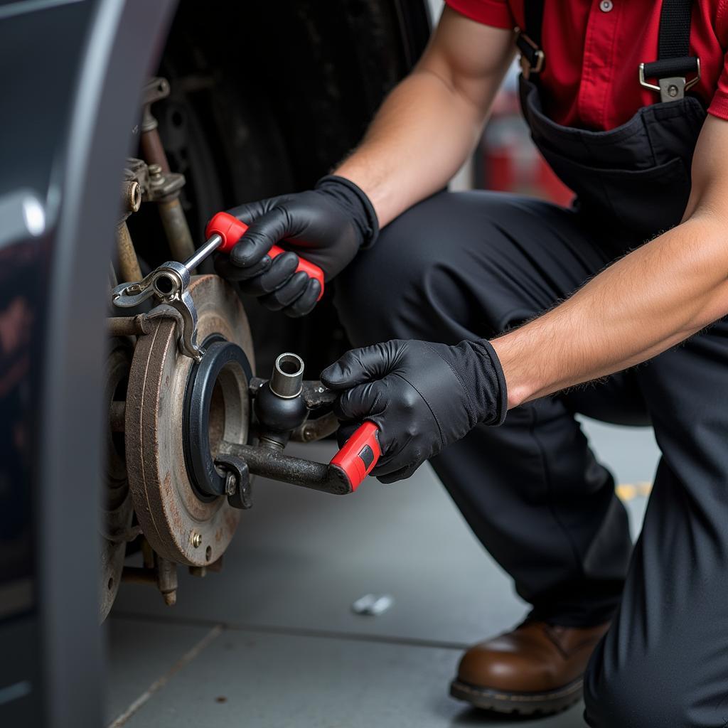 Mechanic Replacing a Car Ball Joint