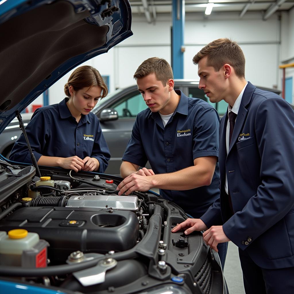 Mechanic school students working on a car engine.