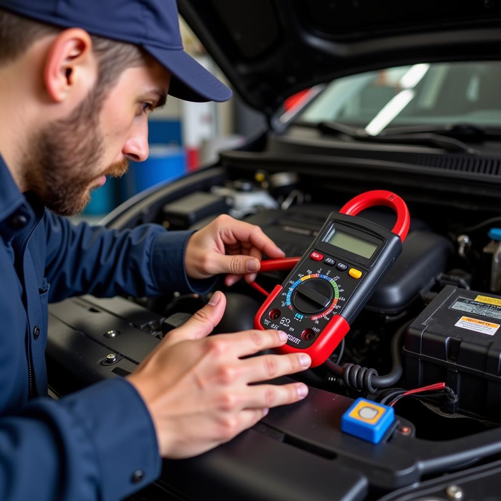 Mechanic Testing Car Battery with Multimeter