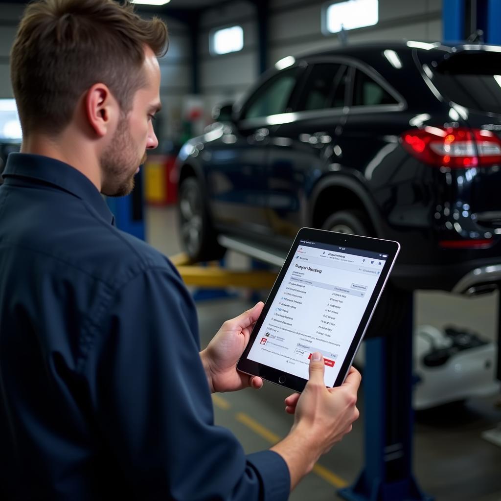 Mechanic Using Car Maintenance Software on Tablet