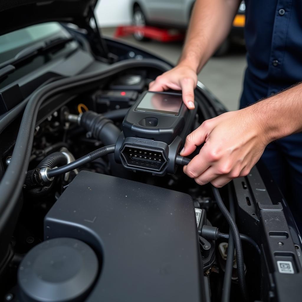 Mechanic Using OBD2 Scanner for Car Diagnostics