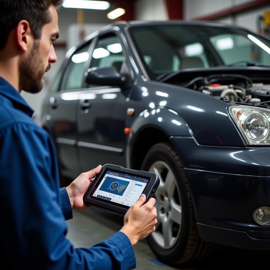 Mechanic Using OBD2 Scanner in Workshop