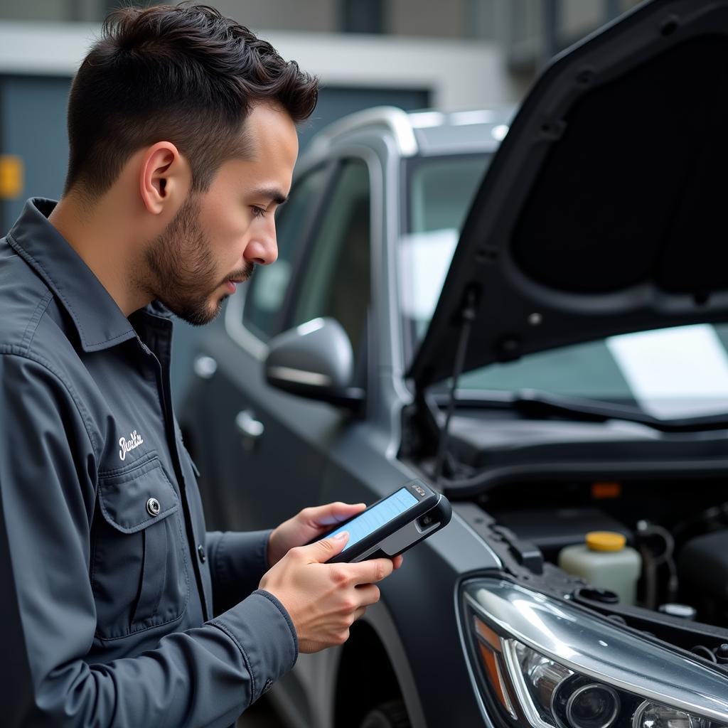 Mechanic Using a Diagnostic Scanner on a Rental Car